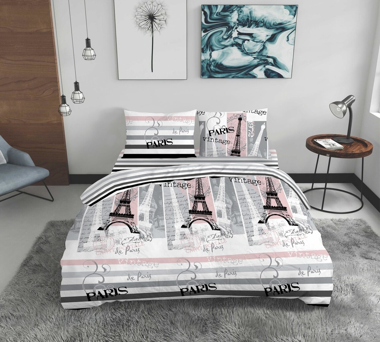 Lenjerie de pat dubla Paris, Bedora, 4 piese, 200x220 cm, 100% bumbac, multicolor - imagine 3